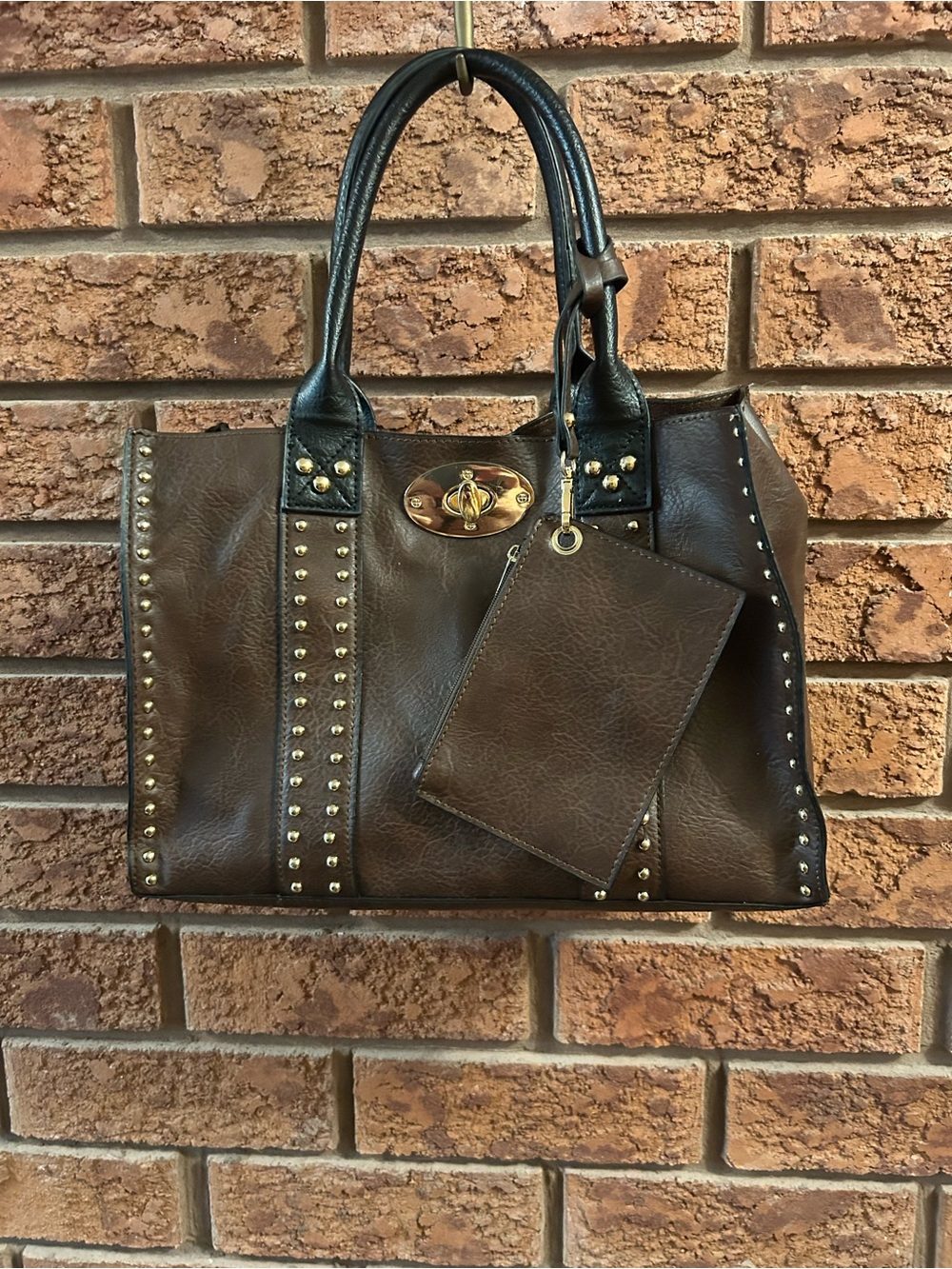 Brown Studded Tote with Detachable Pouch